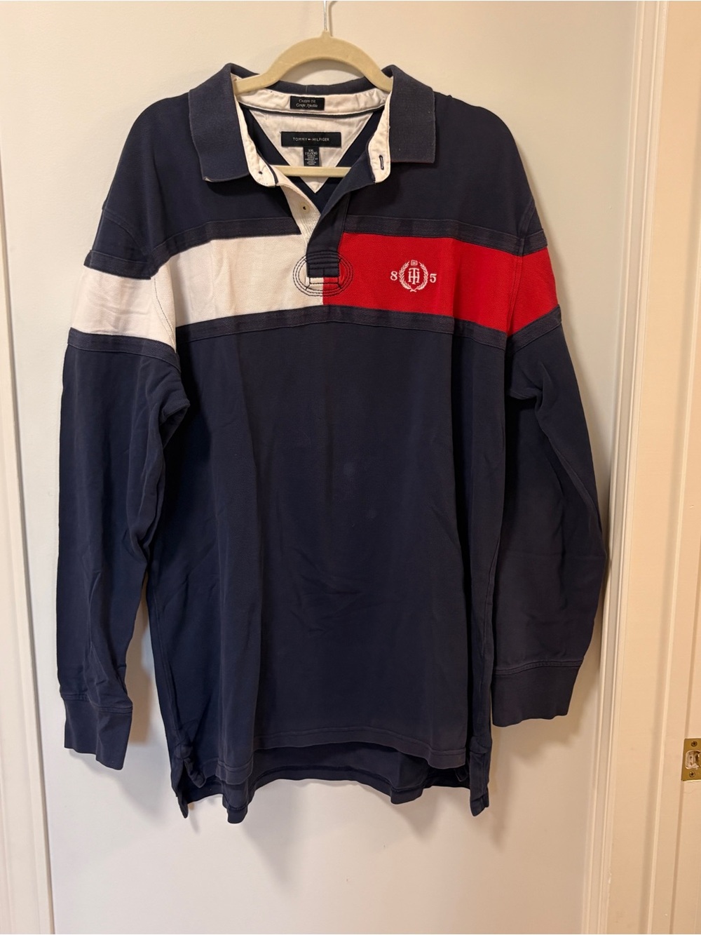Vintage Tommy Hilfiger Rugby Shirt Navy Blue Red Size XXL Classic Preppy